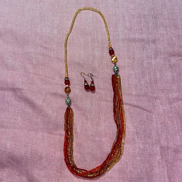 Red Orange Gold Two in One Necklace with Earrings - Picture 1 of 5